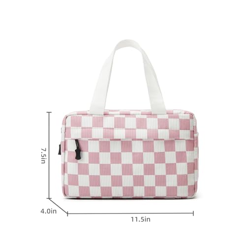 Large Makeup Bag for Women Corduroy Cosmetic bag Make up Bags Zipper Pouch with handle Cosmetic Organizer Toiletry Bag for Travel Storage - color: 22-Checkered Pink White