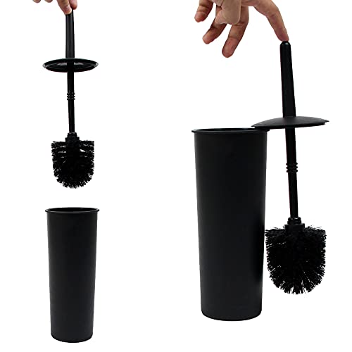 Casaphoria Compact Freestanding Plastic Toilet Bowl Brush and Holder for Bathroom Storage and Organization - Space Saving, Sturdy, Deep Cleaning, Covered Brush - Black - style: Short_handle