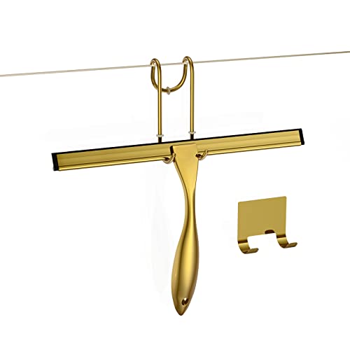 Shower Squeegee for Glass Door 12-Inch Stainless Steel Bathroom Squeegee Window Wiper, 100% Streak-Free, Includes Shower Door Hook and Adhesive Hook, for Window Mirror Tiles Car All-Purpose Squeegee - color: Gold, size: 12-Inch