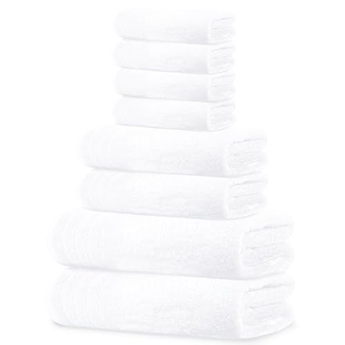 Tens Towels Pack of 8 Towels Set, 2 Extra Large Bath, 2 Hand, 4 Washcloths, 100% Cotton, Lighter Weight, Quicker to Dry, Super Absorbent, Perfect for Bathroom, White - color: White
