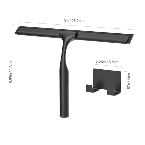 Stainless Steel Shower Squeegee for Glass Doors, Multi-Purpose Squeegee for Shower Glass, Bathroom and Car Windows, Squeegee with Adhesive Hook-10”, Black - color: Black, size: 10