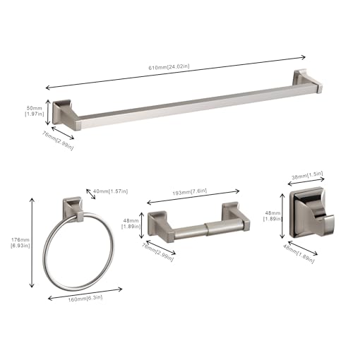 4 Pieces Bathroom Hardware Accessories Set, Stainless Steel 24 inch Towel Bar, Towel Rack, Robe Hook, Toilet Paper Holder for Bathroom Wall Mounted (Brushed Nickel) - color: Brushed Nickel