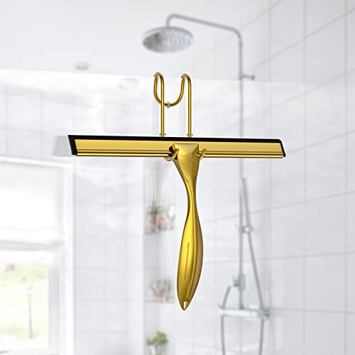14-Inches Stainless Steel Shower Squeegee Set, Include Shower Door Hook, Adhesive Hook and Spare Silicone Blade, Window Squeegee for Shower Glass Door, Bathroom, Mirror, Window and Car Glass - color: Gold, size: 14-inch