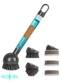 Soap Dispensing Dish Brush with Handle, 360° Rotating Head, 5-Piece Kitchen Cleaning Set (2 Brush Heads & 3 Sponges), Non-Scratch Scrubber for Pot, Pan, Sink, Leak-Proof Dishwand, Grey - color: Gray