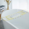 Expandable Bathtub Tray, 26.7-35.4 Inches Stainless Steel Bath Caddy Tray with Marble Base Adjustable Luxury Bath Trays for Tub Scented Candle Wine Glass Books (Gold+White) - color: Gold+white