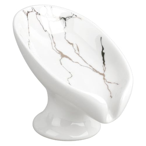 WADORN Soap Dish, Leaf-Shape Self Draining Soap Dish Holder Bar Soap Holder White and Gold Marble Pattern Ceramic Draining Soaps Tray Porcelain Decorative Soaps Dishes for Sink Bathroom Shower Kitchen - color: White