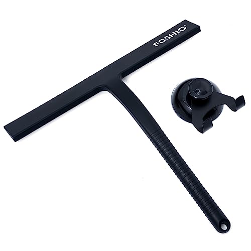 FOSHIO Shower Squeegee for Glass Doors with Suction Cup, Silicone Squeegee for Window Cleaning, Small Squeegee for Shower Glass Door, Window Squeegee with Stainless Steel Non-Slip Handle (Black)