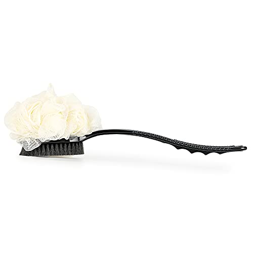 Shower Body Brush with Bristles and Loofah,Back Scrubber Bath Mesh Sponge with Curved Long Handle for Skin Exfoliating Bath, Massage Bristles Suitable for Wet or Dry, Men and Women (Black) - color: Black