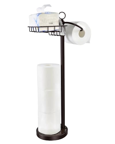 Toilet Paper Holder Free Standing with Basket for Phone & Wet Wipes, Stainless Steel 23" H with Storage, Stable Weighted Base & Rustproof for Bathroom (Rich Bronze) - color: Rich Bronze