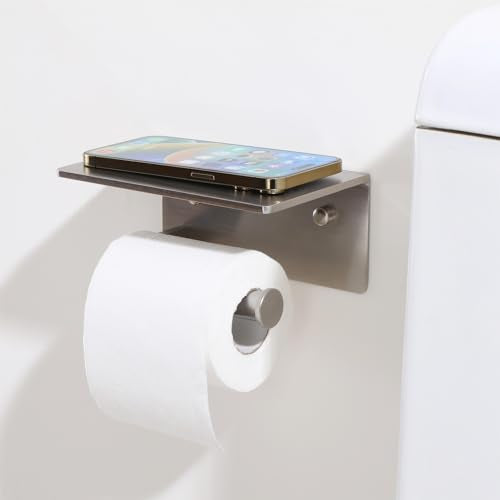 Toilet Paper Holder with Shelf, Adhesive or Screw Wall Mount Toilet Roll Holder for Bathroom, Rustproof Solid Aluminum Commercial Toilet Tissue Holder with Storage, Brushed Nickel - color: Brushed Nickel-1 Roll
