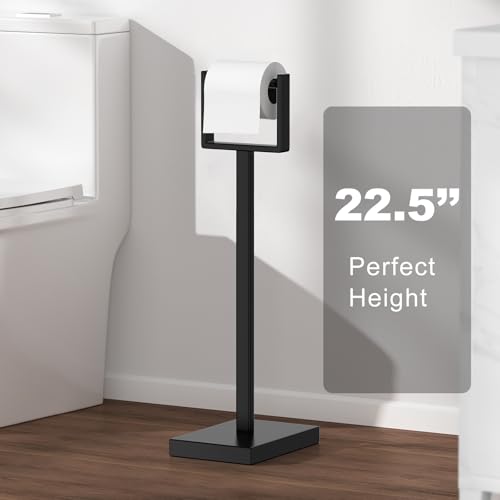 Black Toilet Paper Holder Stand，Stainless Steel Toilet Paper Holder Free Standing，Stable Weighted Base Floor Tissue Roll Holder for Bathroom，Modern Pivoting Toilet Paper Stand - color: Black