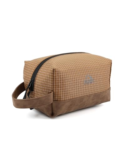 GOX Premium Plaid & Leather Travel Toiletry Bag with Reinforced Handles Cosmetic Organizer (9x5.1x5.1 inches) for Bathroom, Shaving, Makeup Essentials (Brown) - color: Brown