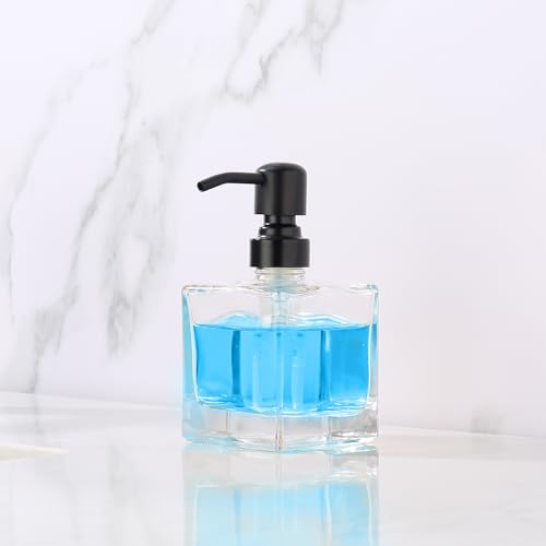 Square Bathroom Soap Dispenser Black, 8.4 oz Glass Bottles with Stainless Steel Pump Cube Liquid Hand Soap Dispenser Kitchen - color: Black, size: 8.4oz-Square