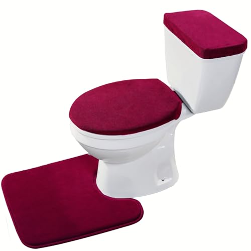 Madeals Velvet Toilet Lid Cover and Tank Lid Cover with Toilet Mat Memory Foam 3 Piece Toilet Contour Mat Set Burgundy - color: Burgundy