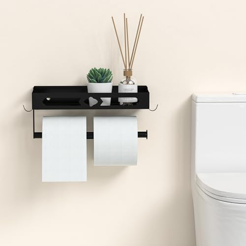 Paper Towel Holder Wall Mount for Kitchen, Easy One-handed Operation Design, Self Adhesive Paper Towel Holder with Shelf for Bathroom, RV Paper Towel Rack Paper Roll Holder with 2 Hooks, Black - color: Black