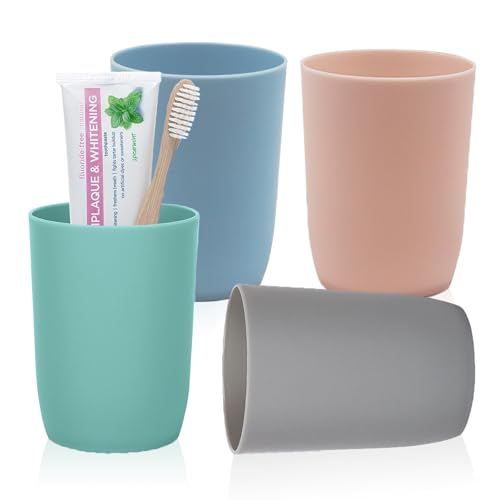 4-Pack Plastic Bathroom Tumbler Cups | Stackable Toothbrush & Mouthwash Cups | Reusable, Dishwasher Safe | 10oz (280ml) | 4 Colors for Travel