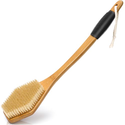 eaxun Bamboo Back Brush with Curved Long Handle, 17.5 Inches Shower Back Scrubber with Stiff Bristles for Men and Women, Exfoliating Body Washer Anti Slip Exfoliator for Bath or Dry Brushing