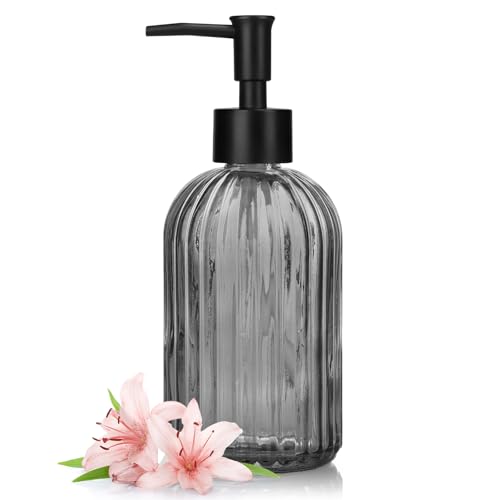 1 Pack 13.5oz Glass Soap Dispenser with Plastic Pump, Vertical Stripe Design Refillable Hand Soap Dispenser for Hand Wash, Bathroom and Kitchen - color: Transparent Grey