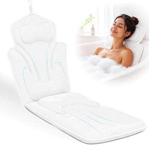Full Body Bath Pillow for Bathtub Thickened 5D Air Mesh 144 Suction Cups | Bath Pillow Luxury Bathtub Pillow 3.7'' Head, Neck and Back Support Bath Tub Pillow Extra-Large 59 x 20 Inch Size - color: White, size: Large