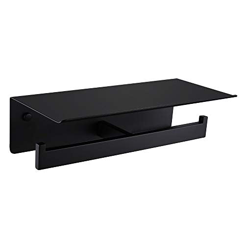 APLusee Matte Black Double Toilet Paper Holder with Shelf, 304 Stainless Steel Bathroom Tissue Roll Holder, Commercial Paper Dispenser Wall Mounted - color: Matte Black, size: Double Rod