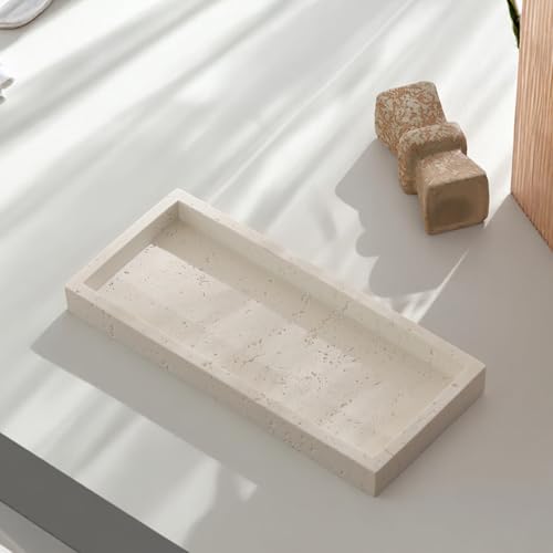 Jewelry Tray Bathtub, Travertine Stone Look, Off White, Small | Decorative Perfume Tray, Marble Vanity Organizer Plate, for Ring Soap Towel Small Things on Kitchen Sink Bathroom Countertop