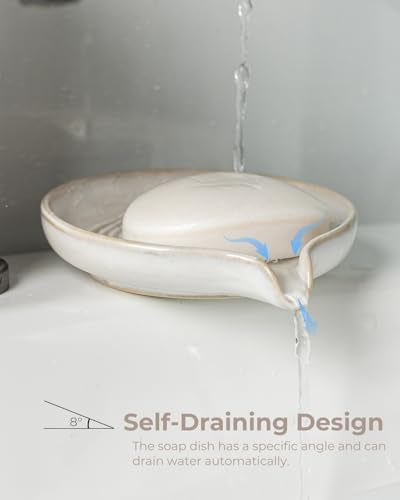 Soap Dish with Drain, Ceramic Soap Holder Self Draining Bar Soap Saver with Waterfall Design for Shower Bathroom Kitchen Sink Bathtub, Beige White - color: Beige White, size: Round
