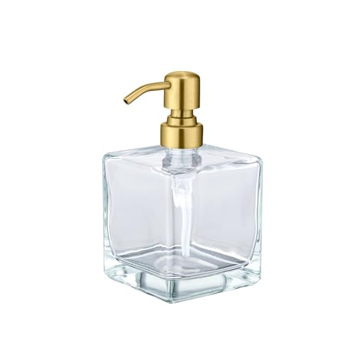 Square Bathroom Soap Dispenser Brushed Gold, 16 oz Glass Bottles with Stainless Steel Pump Retangle Cube Liquid Large Capacity Soap Dispenser Kitchen - color: Gold, size: 16.9oz-Square