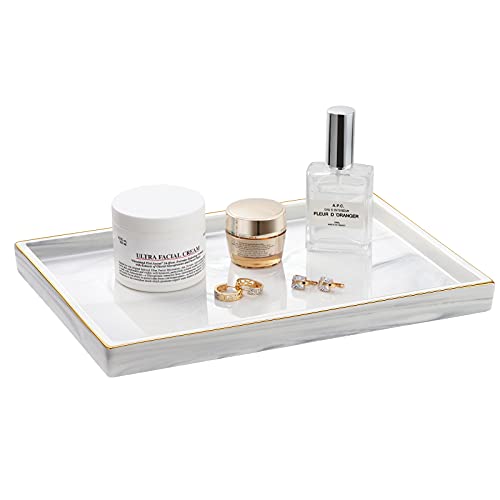 Shinowa Ceramic Vanity Tray, Bathroom Counter Tray Marble Finish Perfume Tray Rectangle Decorative Tray for Vanity Dresser Bathroom Countertop Living Room Kitchen, Large Size - Marble White - style: L-Rectangle