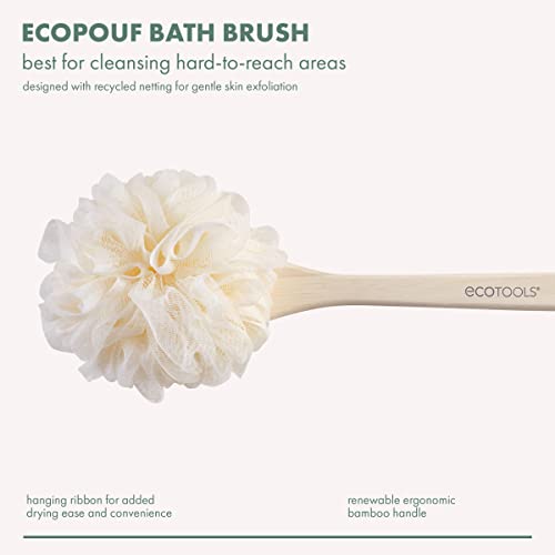 EcoTools 2 Pack EcoPouf Bath Brush, Loofah Brush for Bath & Shower, Made with Long Handle & Recycled, Soft Netting for Gentle Exfoliation, Back Brush for Men & Women, Cruelty-Free