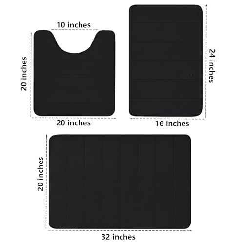 Bathroom Rugs Set 3 Piece, Memory Foam Non-Slip Extra Absorbent Shaggy Soft Bath Mat, Machine Washable Bathroom Carpets for Bedroom, Black - color: Black