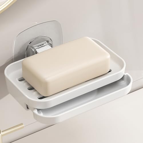 Soap Dish for Shower White Soap Holder Pull-Out Water Tray No Drilling Required Strong Fixation for Rv Bathroom and Kitchen Easy（1 Pack） - color: White