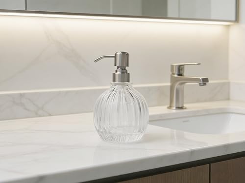 Round Bathroom Soap Dispenser Brushed Nickel Pump, Glass Bottle with Stainless Steel Pump Liquid Soap Dispenser Sphere Countertop Hand Kitchen - color: Brushed Nickel, size: 11oz-Round