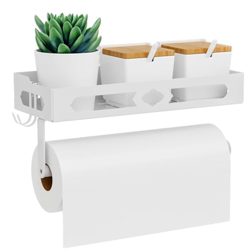 White Paper Towel Holder Wall Mount with Shelf - Adhesive Hand Towel Rack, Space-Saving for Bathroom, Kitchen, RV Camper - color: White