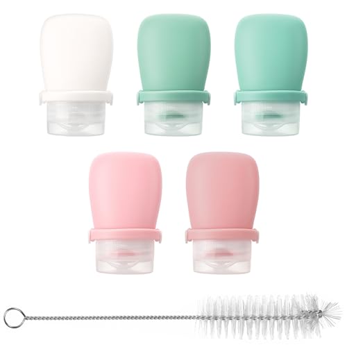 5 Pack 1oz Silicone Travel Bottles, Leak Proof Squeeze Bottle with Brush, Reusable Refillable Lotion Bottle for Toiletries, Shampoo, Conditioner, Lotion, Salad Dressing, Travel-Size Containers