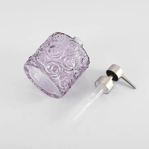 Marcella Glass Soap Dispenser with Soap Pump, Refillable 14 Ounce Capacity, Floral Design Rose Patterns, Heavy Weight Thick Glass for Bathroom, Premium Kitchen Soap Dispenser Lavender - color: Lavender Frost