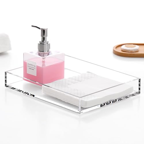 DINGHUO Acrylic Perfume Bathroom Vanity Counter Tray, Clear 9.45"x7.09"x1.38" Rectangle Countertop Organizer for Jewelry Candles Soap Makeup Toilet Tank Kitchen - 1 Pack