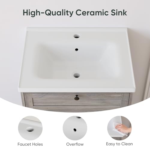 Smart FENDEE 23.62" Bathroom Vanity with Ceramic Sink, Farmhouse Bathroom Vanity Cabinet with Barn Door & Drawer, Freestanding Floor Storage Cupboard with Sink Combo Set, Washed Grey - color: Washed Grey