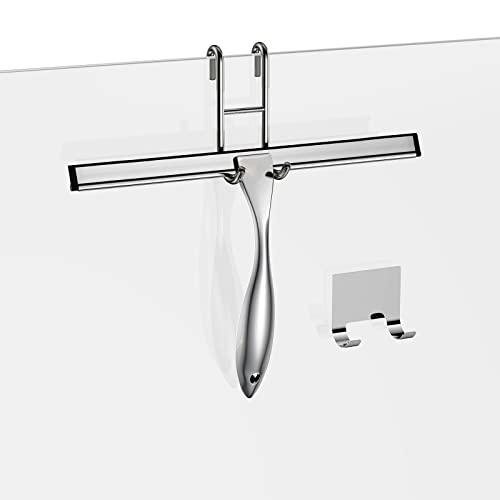 Shower Squeegee for Glass Door 12-Inch Stainless Steel Bathroom Squeegee Window Wiper, 100% Streak-Free, Includes Shower Door Hook and Adhesive Hook, for Window Mirror Tiles Car All-Purpose Squeegee - color: Silver, size: 12-Inch