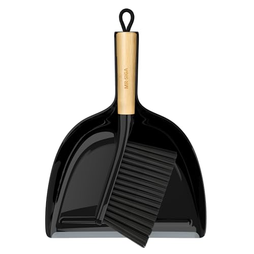 MR.SIGA Dustpan and Brush Set, Portable Cleaning Brush and Dustpan Combo with Bamboo Handle, Black, 1 Set - color: Black