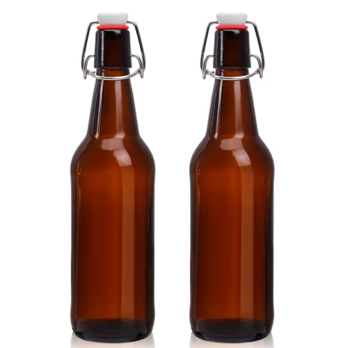 16oz 2 Pack Amber Glass Beer Bottles with Airtight Rubber Seal Flip Caps,Swing Top Glass Bottles for Home Brewing, Kombucha, Beverages, Oil, Vinegar, Vanilla Extract,Water, Soda, Kefir - size: 500ml