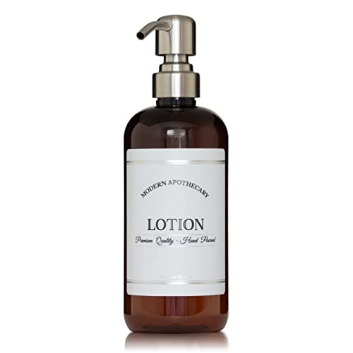 Amber PET Plastic Refillable Lotion Pump Bottle Dispenser 304 Grade Stainless Steel Pump, 16 oz with Chrome Accent Waterproof Label, Reusable Container for Home, Kitchen, Bathroom, Office, Business - color: Stainless Steel Pump