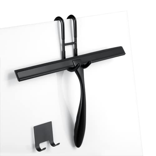 Shower Squeegee for Glass Doors,12-Inch Shower Glass Squeegee, Matte Black Shower Squeegee for Shower Doors,Mirror,Windows, with Shower Door Hook and Adhesive Hook - color: Black, size: 12-Inch