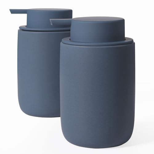 INGOFIN Ceramic Soap Dispenser Set, 2 Pack (12 oz) Bathroom Hand Soap Dispenser with Pump, Liquid Hand and Dish Dispenser Set with 8 Pcs Clear Stickers, for Kitchen -Matte Blue - color: Blue-liquid