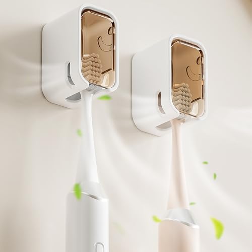 2 Pack Toothbrush Holders for Bathroom, Self Adhesive Wall Mounted Toothbrush Holder with Cover, Single Toothbrush Dispenser Storage Organizer for Family, Travel, Waterproof and Dustproof (Brown) - color: Brown
