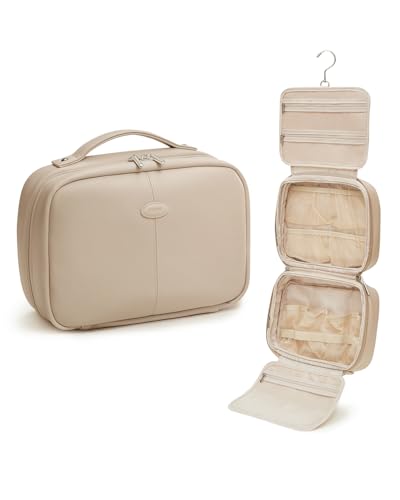 EACHY Toiletry Bag with Hanging Hook, Travel Makeup Bag PU Leather Cosmetic Bags for Women Make Up Organizer with 4 Compartments Waterproof Full-Size Portable Travel Essentials (Trench，Pro) - color: B-Pro-Trench