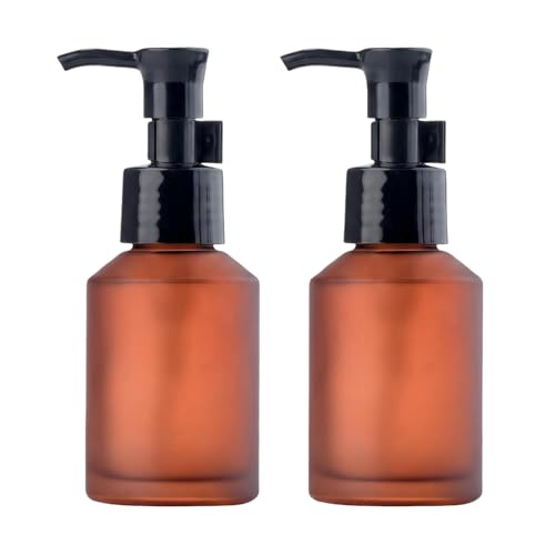 2Pcs 60ml 2oz Amber Frosted Glass Pump Bottles Lotion Dispenser Empty Refillable Travel Size Cosmetic Toiletries Sample Storage Container Vial Jar with Black Pump for Shampoo Cream