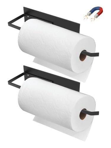 Paper Towel Holder Black, Toilet Paper Roll Holder Magnetic Towel Rack Wall Mount Fridge Organizer Shelf for Towels Rolls Bar Bathroom Toilet Pantry RV Essentials Kitchen Organizers and Storage 2 Pack - color: Black