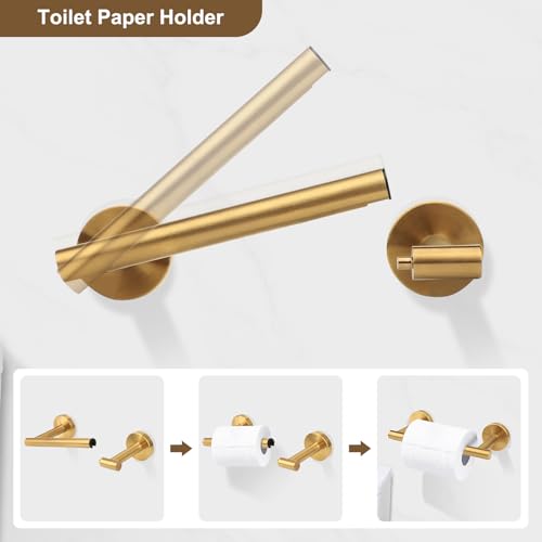 Brushed Gold Toilet Paper Holder Set, Stainless Steel Towel Ring, Double Post Pivoting Toilet Paper Holder and Hand Towel Holder Set for Bathroom - color: Brushed Gold