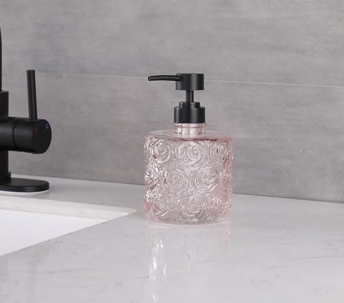 Marcella Glass Soap Dispenser with Soap Pump, Refillable 14 Ounce Capacity, Floral Design Rose Patterns, Heavy Weight Thick Glass for Bathroom, Premium Kitchen Soap Dispenser Peach Blush - color: Peach Blush