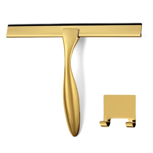 HIWARE All-Purpose Shower Squeegee for Shower Doors, Bathroom, Window and Car Glass - Brass, Stainless Steel, 10 Inches - color: Brass, size: 10-Inch